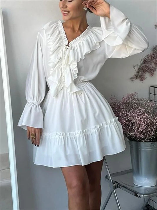 Tossy Ruffled V-Neck White Mini Dress Female Patchwork Long Sleeve