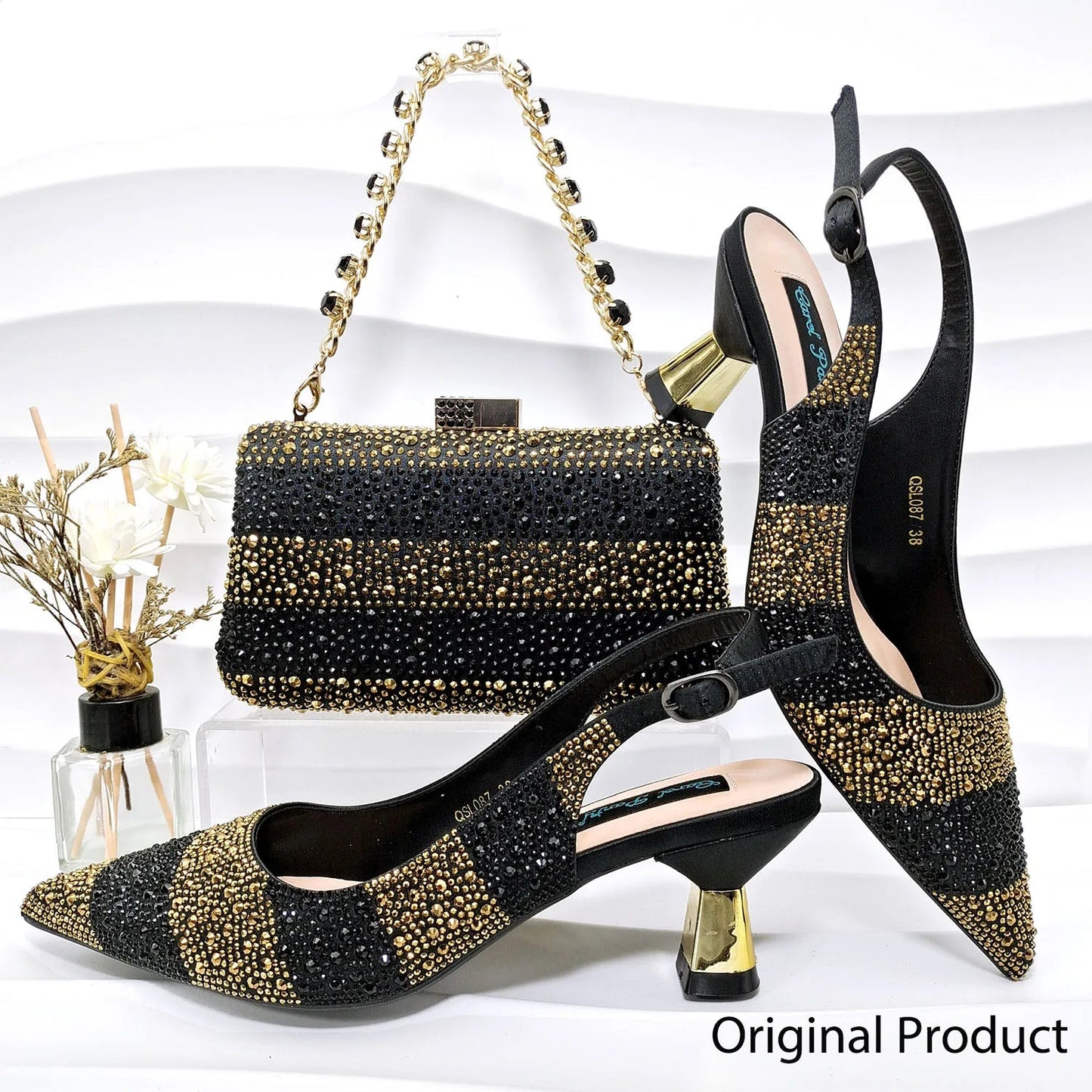 Elegant Black & Gold Pumps with Matching Bag – Italian Style Set