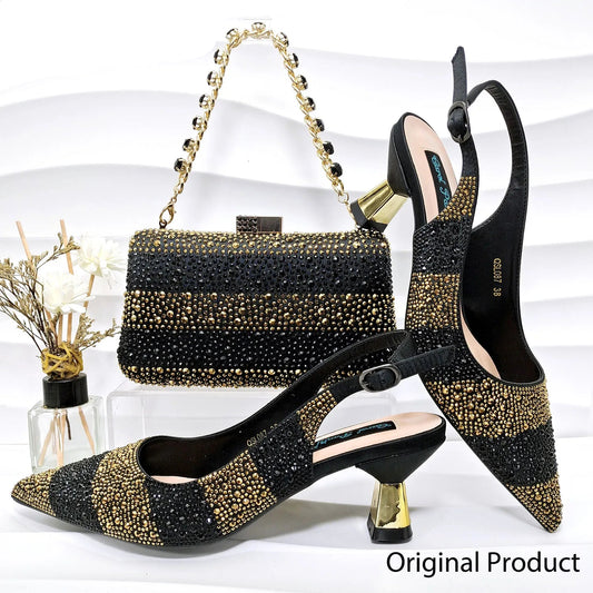 Elegant Black & Gold Pumps with Matching Bag – Italian Style Set