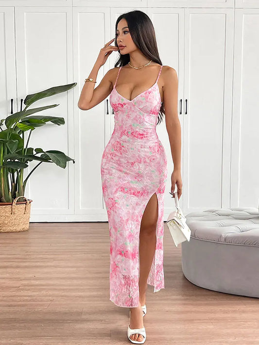 Elegant Summer Club Dress – Pink Print V-Neck Backless