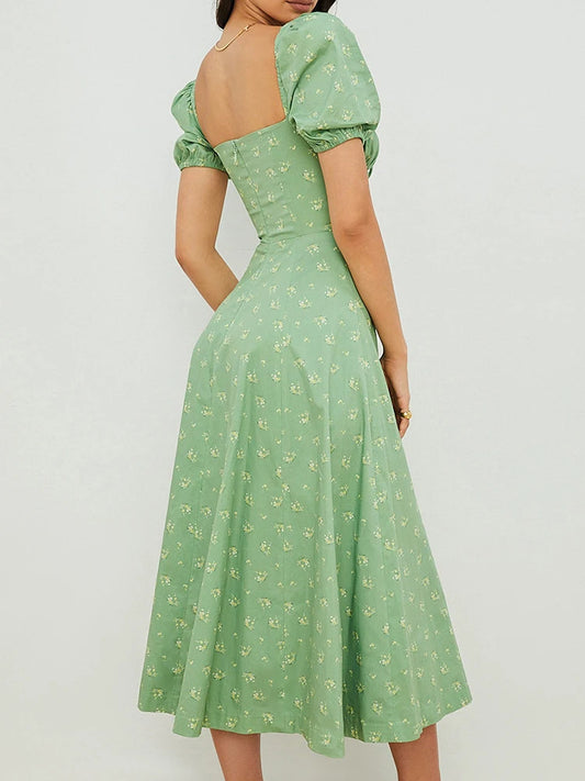 Summer Women Puff Sleeve Floral Printed Dress,Long Dresses