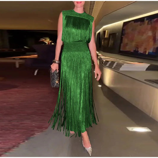Sexy Sequin Tassel Evening Dresses Women Vintage Solid Sleeveless